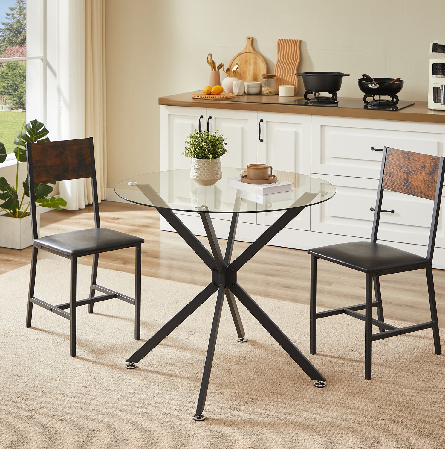 WUVRIE Ronde eettafel Ø 80 cm - Gehard glazen blad en metalen poten - Zwart