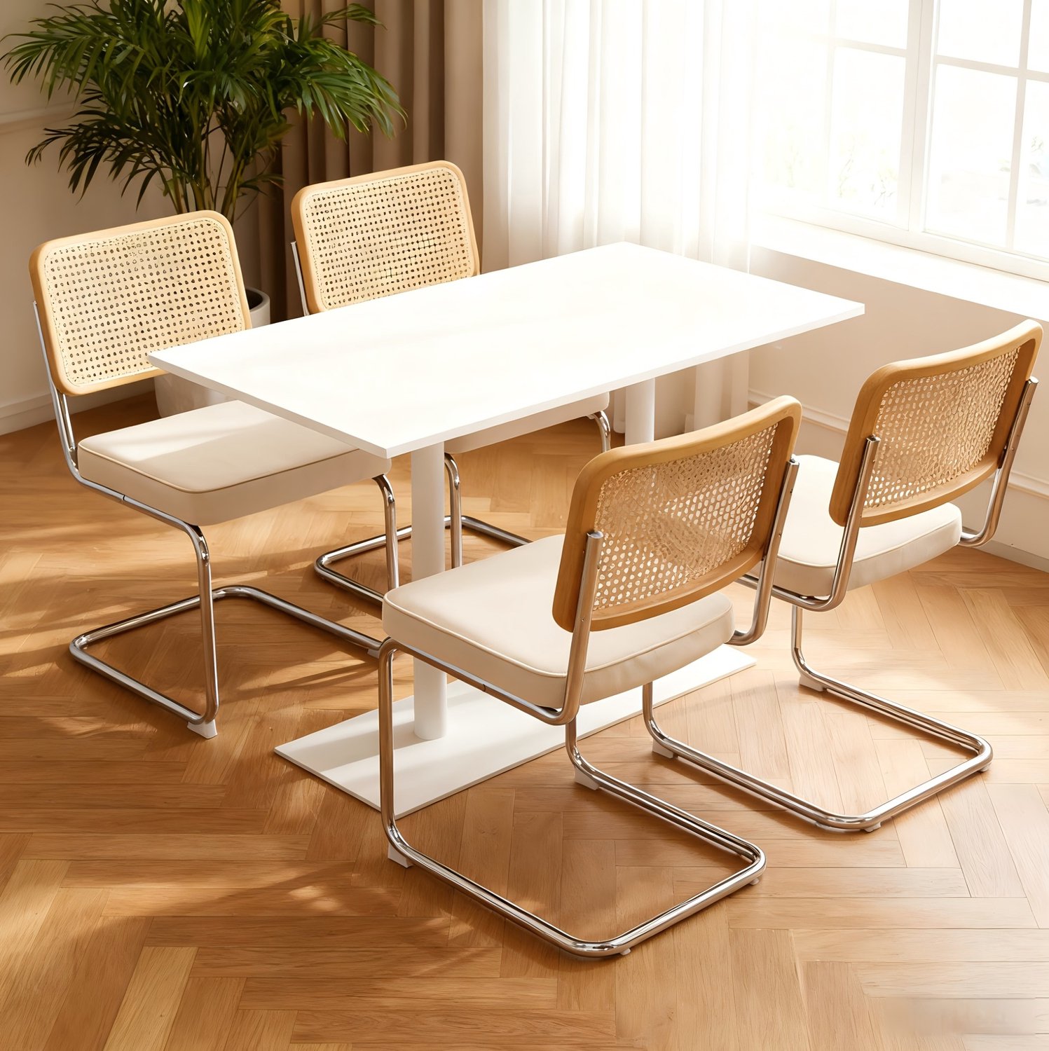 WUVRIE Set van 4 eetkamerstoelen - Fluwelen zitting, rotan rugleuning en verchroomd buisframe - Beige