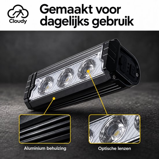 Cloudy - Fietslamp Voorlicht 2500 Lumen – 3 LED – USB-C Oplaadbaar – 3600mAh – 5 Lichtstanden – Batterijindicator – Wit/Geel Licht — afbeelding 2