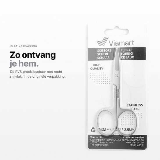 Roestvrijstalen precisieschaar met recht snijvlak in de originele verpakking. Tekst: 'Viamart®', 'SCISSORS', 'HIGH QUALITY'.