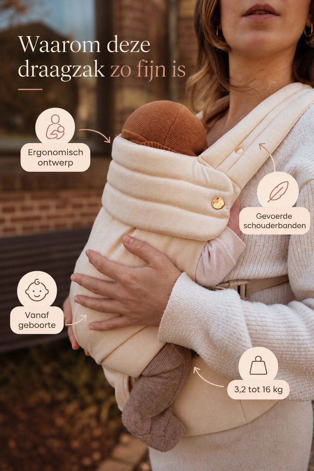 Ergonomische Draagzak Beige - Mother Nurture - Ergonomisch - 100% Premium Katoen - OEKO-TEX - Vanaf Geboorte Tot Peuter - 3,2 tot 16 kg - Luxe Buik- en Rugdrager - Full Support & Gevoerde Banden