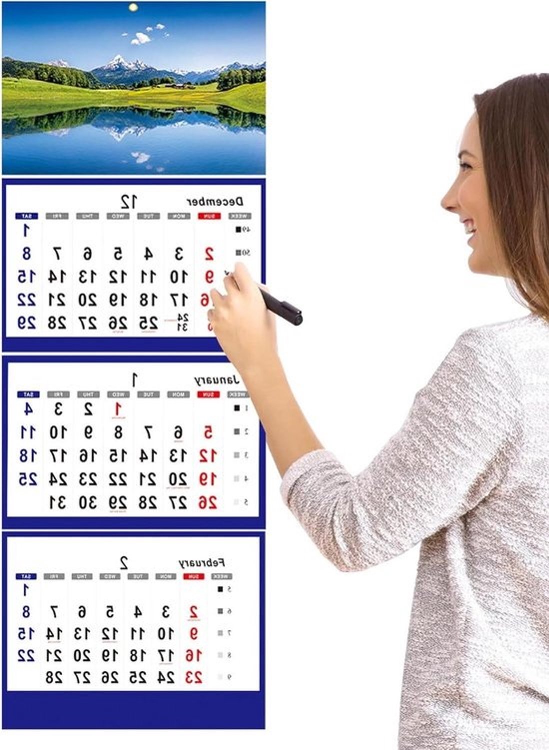 Driemaandenkalender - Verticale kalender - Organisatie en planning - Drie maanden per pagina - 33 cm - Wit