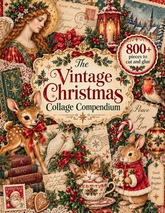 Vintage kerstcollageboek met 800+ knip- en plakstukken, versierd met een engel, hertje, konijn, kat in kopje en roodborstje.