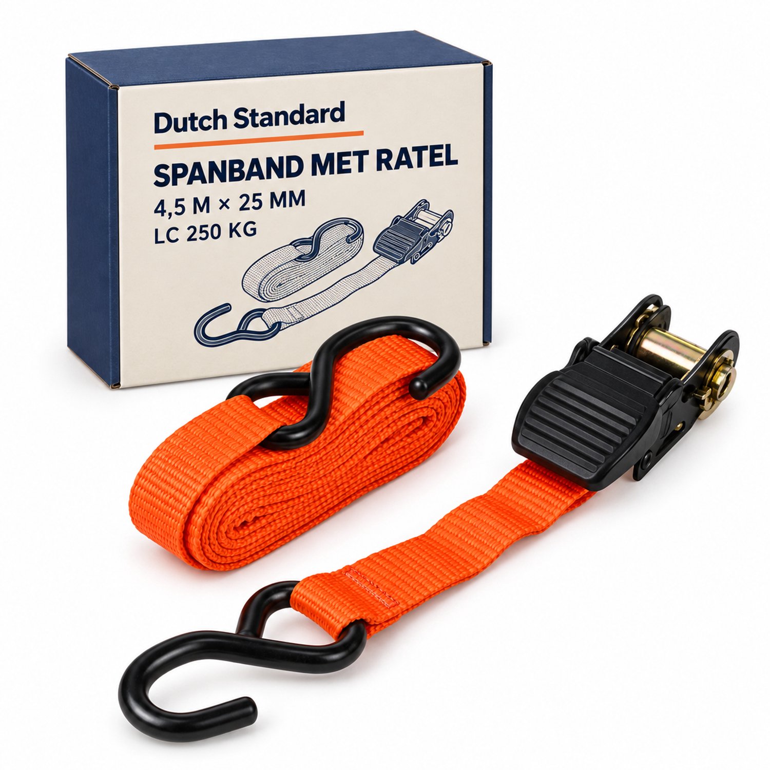 Dutch Standard Spanband met Ratel - 4,5 meter x 25 mm - LC 250 kg - Oranje - Rubberen Handgreep