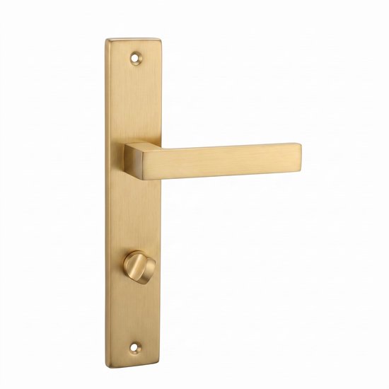 Gouden deurkrukset met WC-sluiting, rechthoekig schild en geborstelde afwerking.
