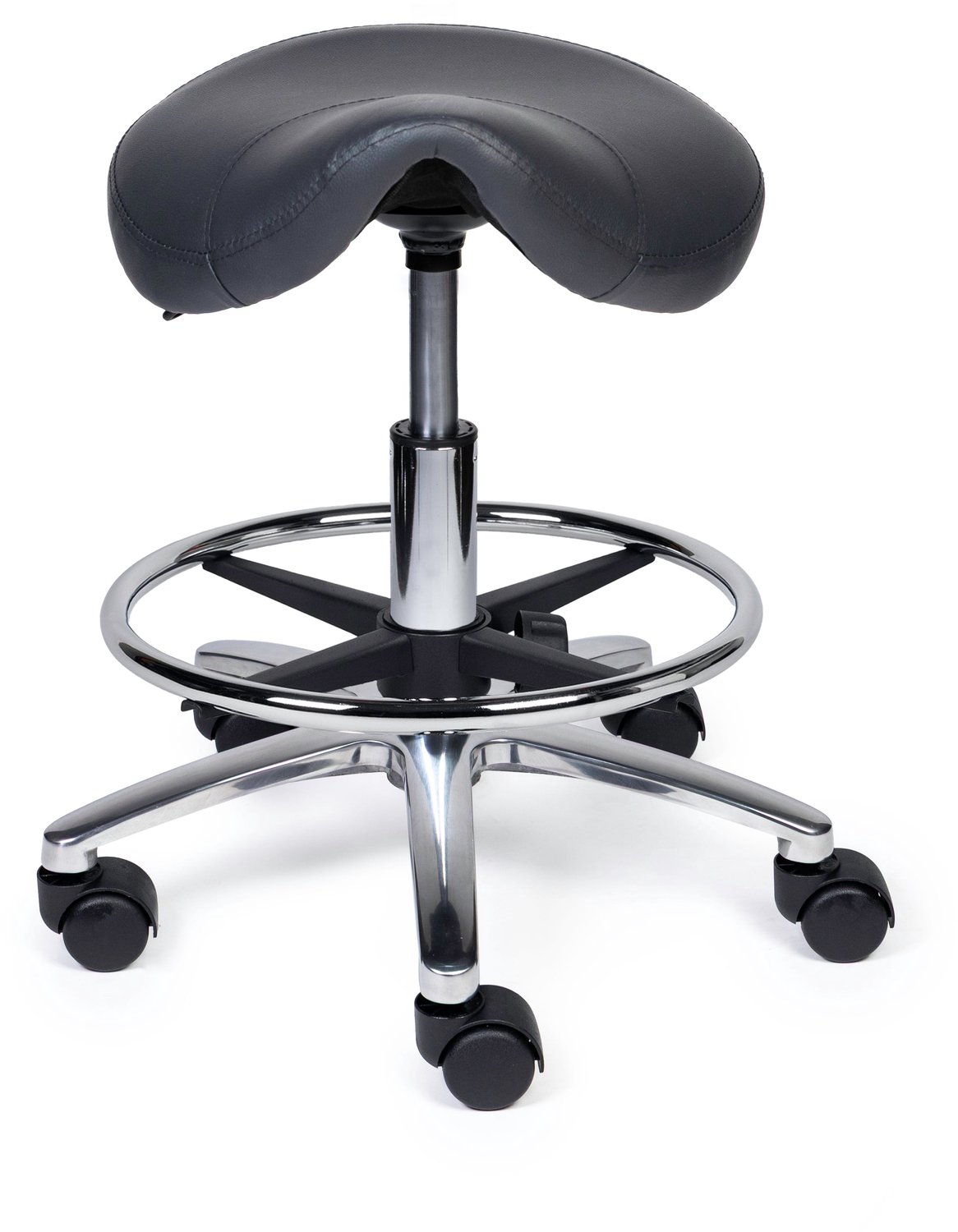 Ergonomische Zadelkruk XS Compact Grijs op Wielen Lage uitvoering (45-58cm) / Met voetensteun / Voetdoppen