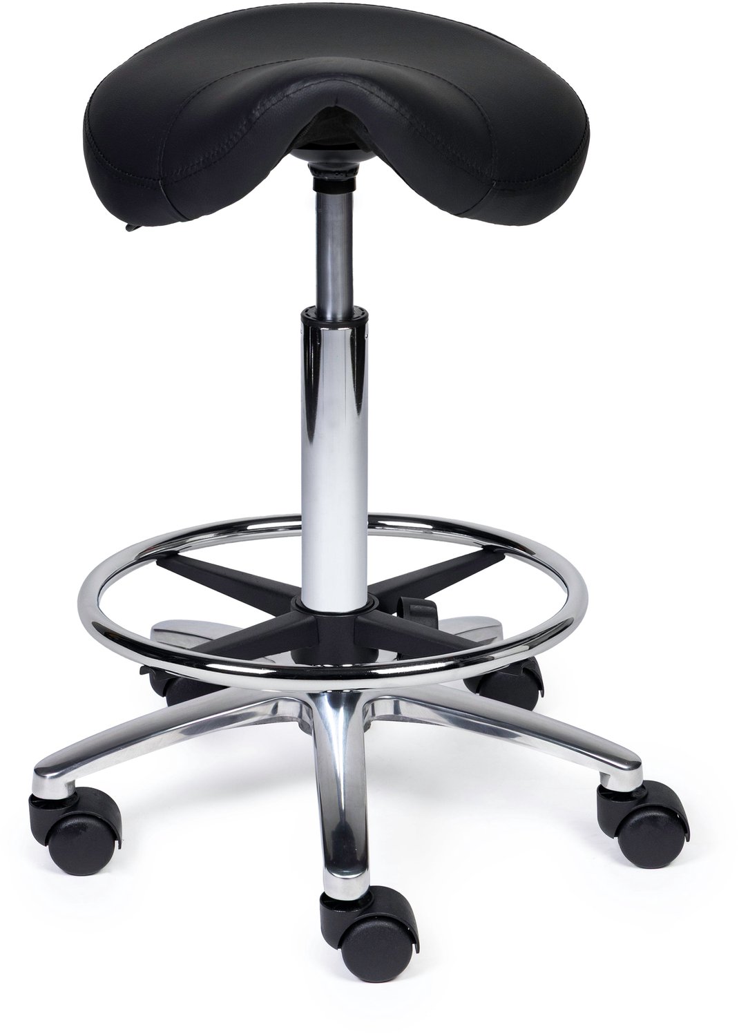 Ergonomische Zadelkruk Compact Zwart op Wielen Standaard uitvoering (50-68cm) / Met voetensteun / Standaard wielen