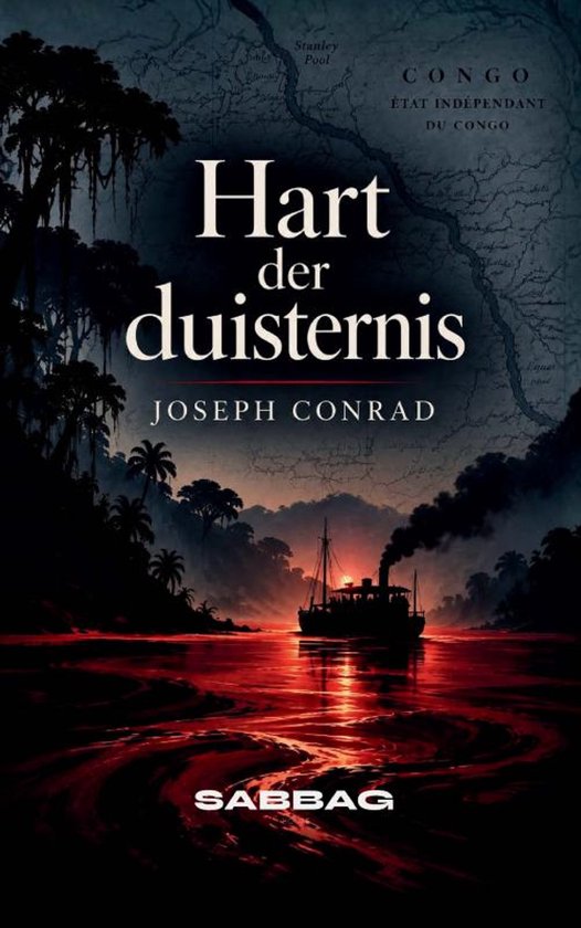 Boekomslag Hart der duisternis van Joseph Conrad met een stoomboot op een rode rivier bij zonsondergang en jungle.