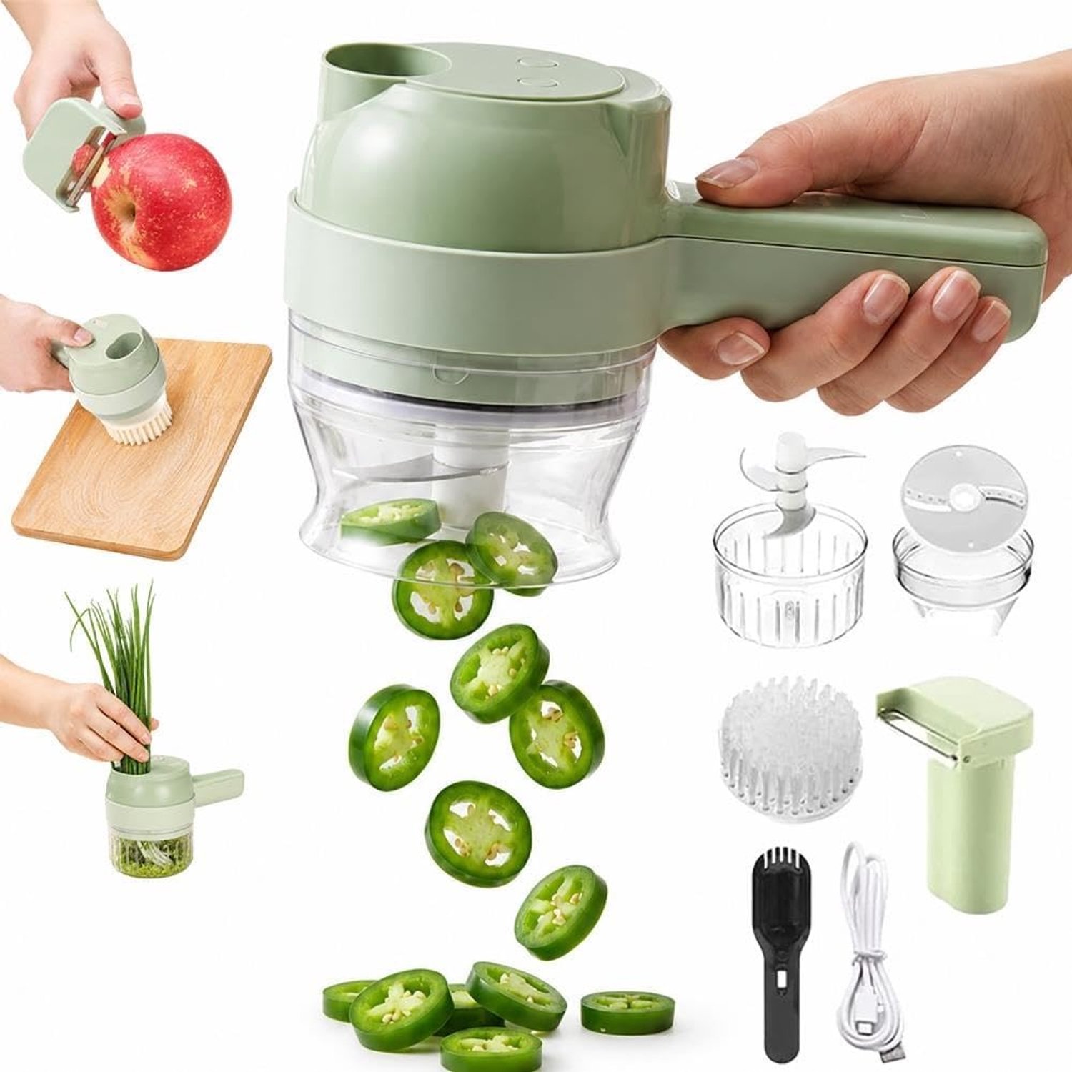 Elektrische Groentesnijder - 4 in 1 Hakmolen - Uiensnijder - Mini Chopper - Food Chopper - Mini Foodprocessor - USB oplaad - BPA-Vrij - Multifunctioneel - Voor babyvoeding,knoflook, chilipepers, uien, selderij en gember - Groen