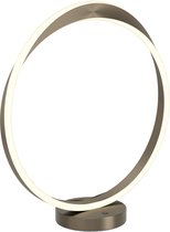 Moderne ronde tafellamp in donkerbrons met geïntegreerde witte led-ring en ronde voet.