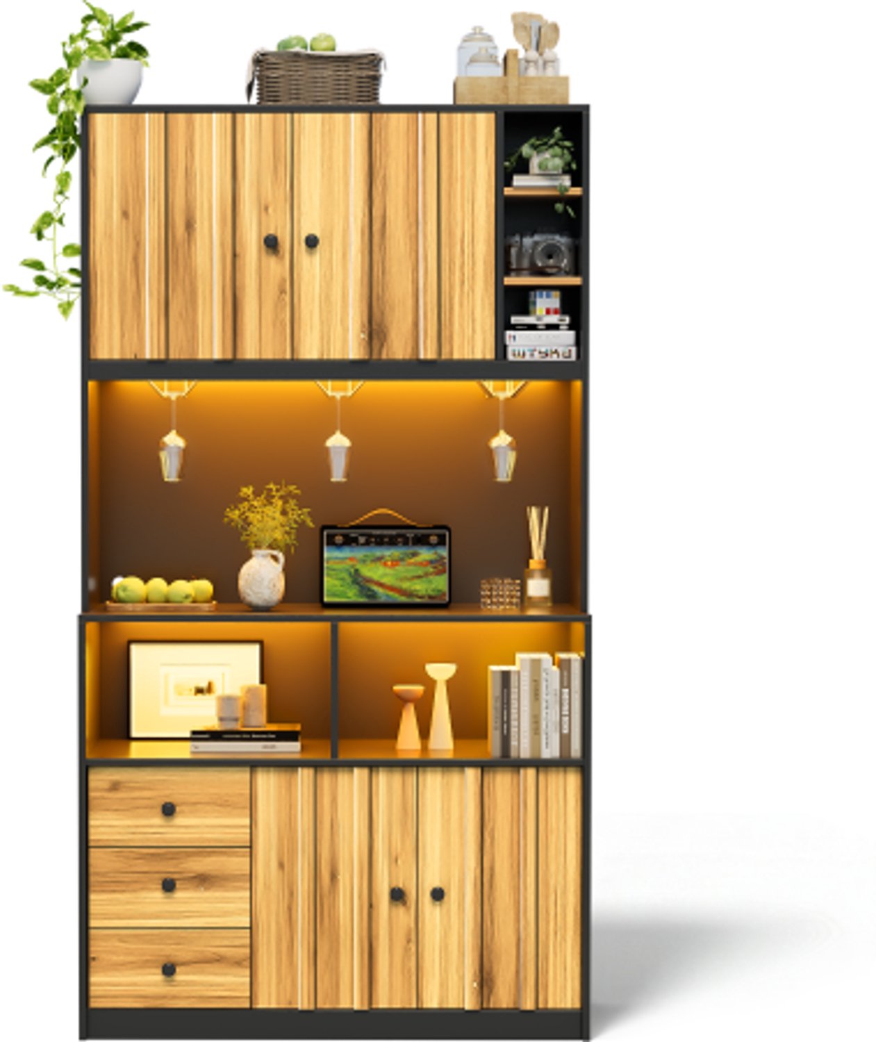 Keukenkast 180 cm – hoge kast met LED-verlichting, keukenrek met stopcontact, wijnrek en vitrine voor keuken en eetkamer, L 100 × B 40 × H 180 cm, Zwart+Naturel