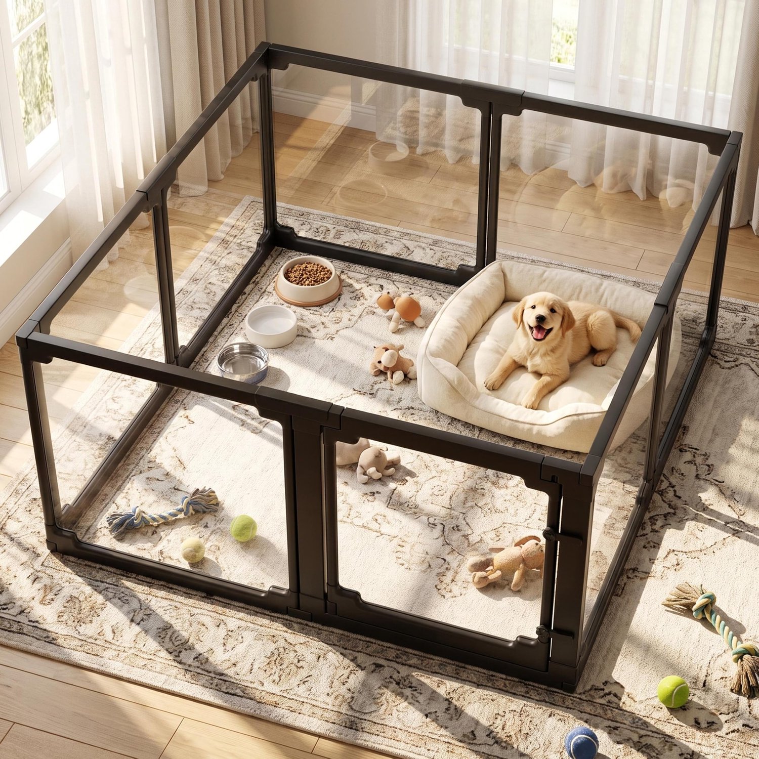 MAMIZO Acryl Hondenren - Puppyren - met deur - 125×120cm - voor woonkamers balkons - Zwart
