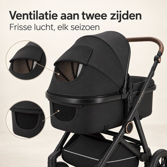 Lunola Noor Premium Kinderwagen 2 in 1 - Combi met Reiswieg en Omkeerbaar Zitje - Compact Inklapbaar - Buggy en kinderwagen voor 0 tot 3 Jaar - Zwart — afbeelding 3