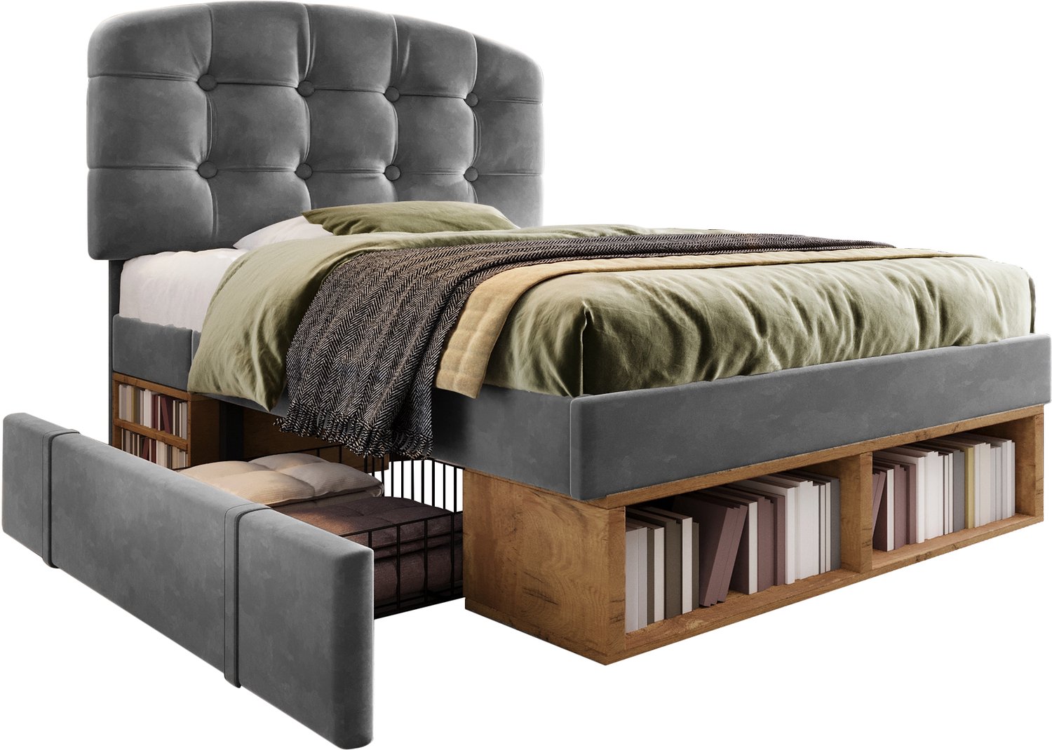 Eenpersoonsbed 90x200 cm - Grijs Fluwelen Bed Met Laden En Opbergruimte - Verstelbaar Hoofdbord - Bedframe Met Lattenbodem