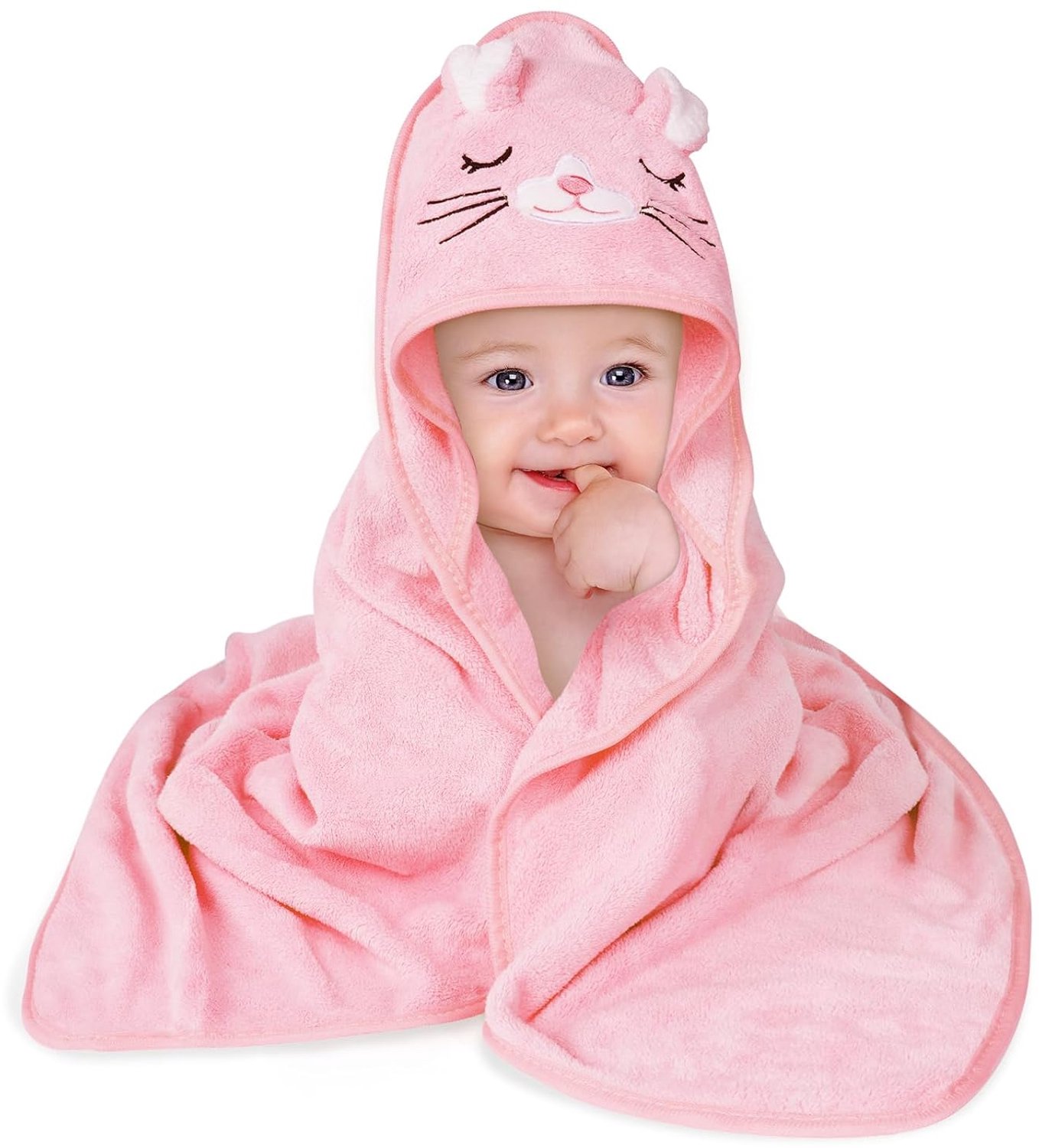 Babyhanddoek met capuchon - Badcape voor baby - Zachte handdoek na bad - Kattenmotief met oortjes - Wasbare koraalfleece - Voor pasgeborenen en peuters - Met dierenoren op capuchon - Roze - 80 x 80 cm