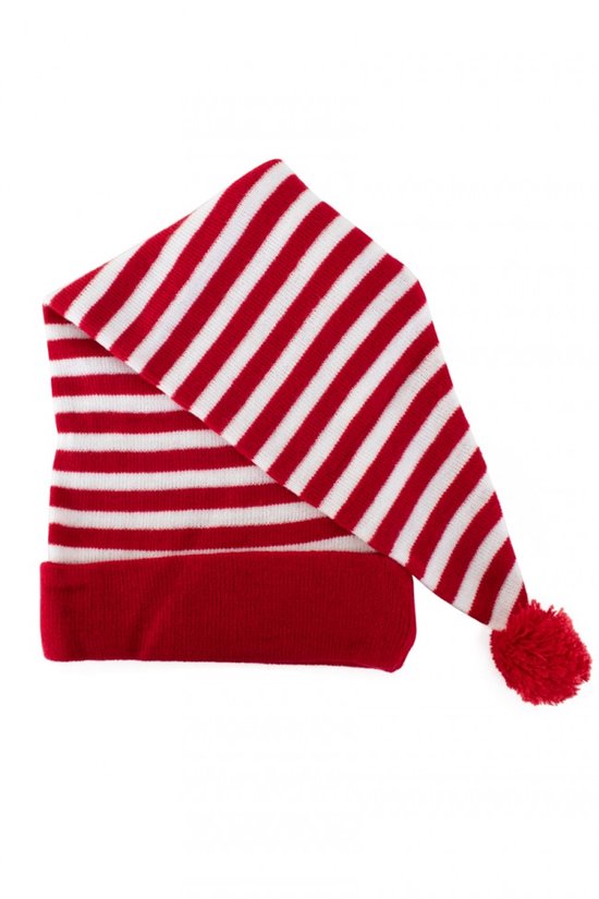 Rood-wit gestreepte slaapmuts met effen rode omslag en een pompon aan de punt.