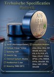 Technische specificaties van de LR44-knoopcel: 1,55V alkaline, 11,5 mm x 5,2 mm, gewicht 1,6 g.