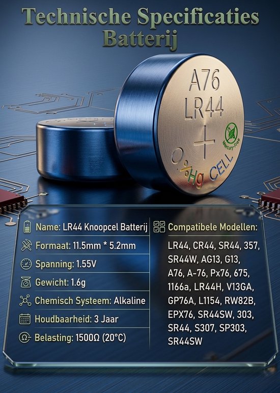 Technische specificaties van de LR44-knoopcel: 1,55V alkaline, 11,5 mm x 5,2 mm, gewicht 1,6 g.