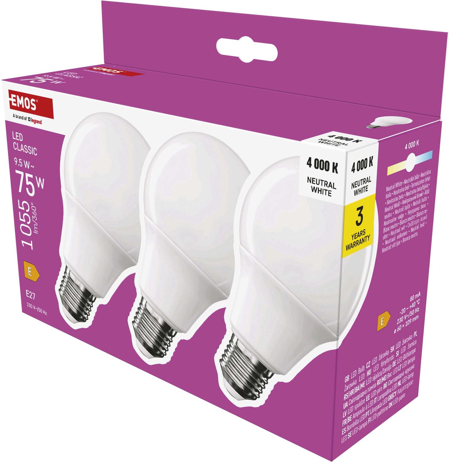 EMOS LED-lamp Classic A60 / E27 / 9,5 W (75 W) / 1055 lm / neutraal wit / 3 stuks, ZQ5E53.3