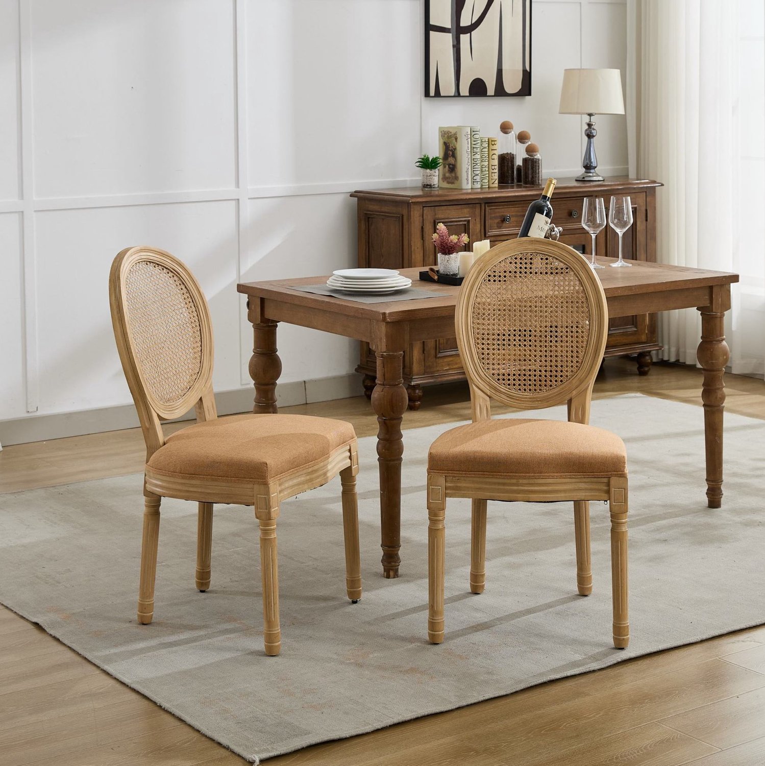 WUVRIE Eetkamerstoelen set van 2 - Rotan rugleuning en stoffen zitting - Tan
