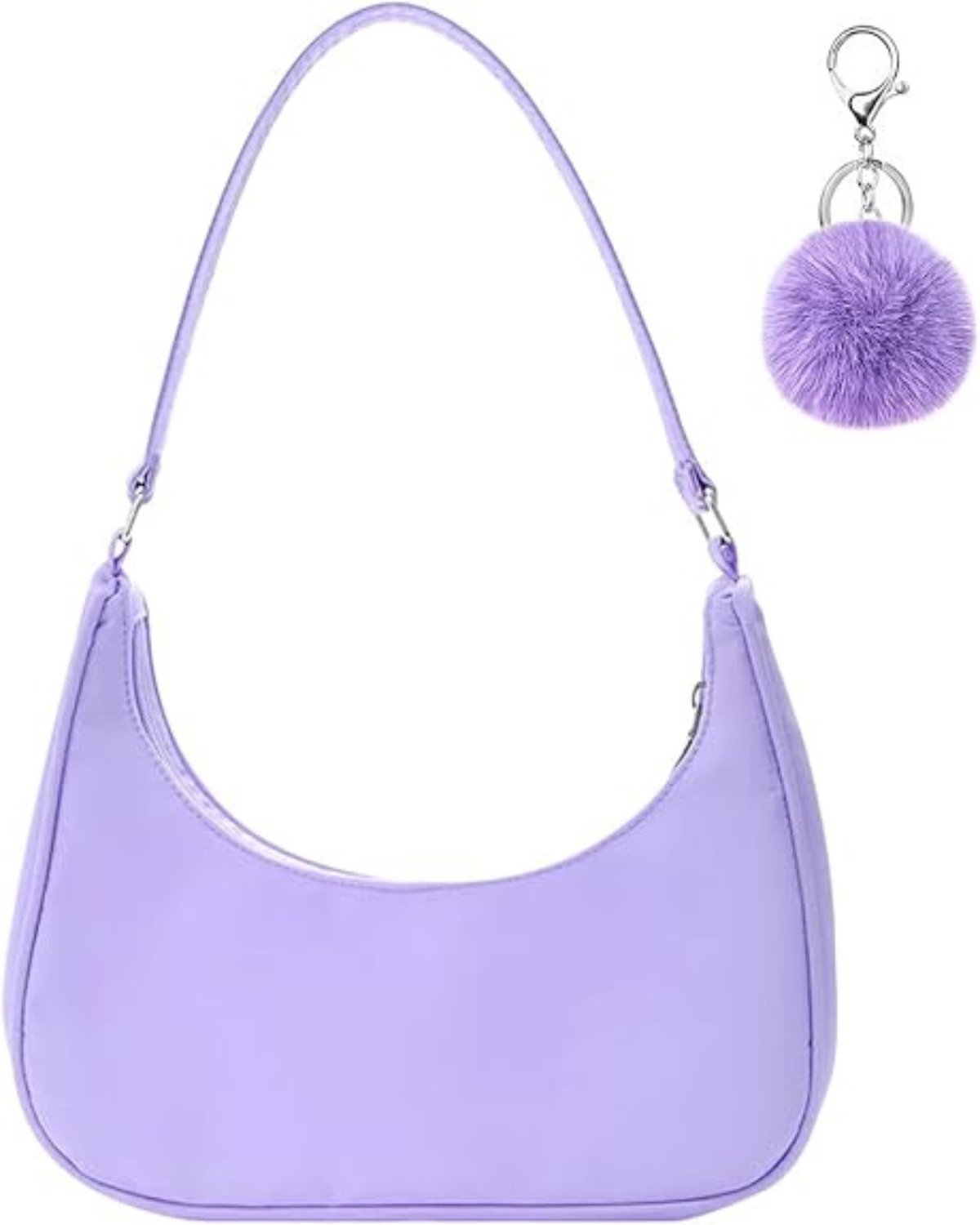 Schoudertas voor dames - Handtas met korte schouderband - Damestas - Compacte tas met ritssluiting - Inclusief bijpassende pompon sleutelhanger - Lila/paars - 27 x 23 x 7 cm