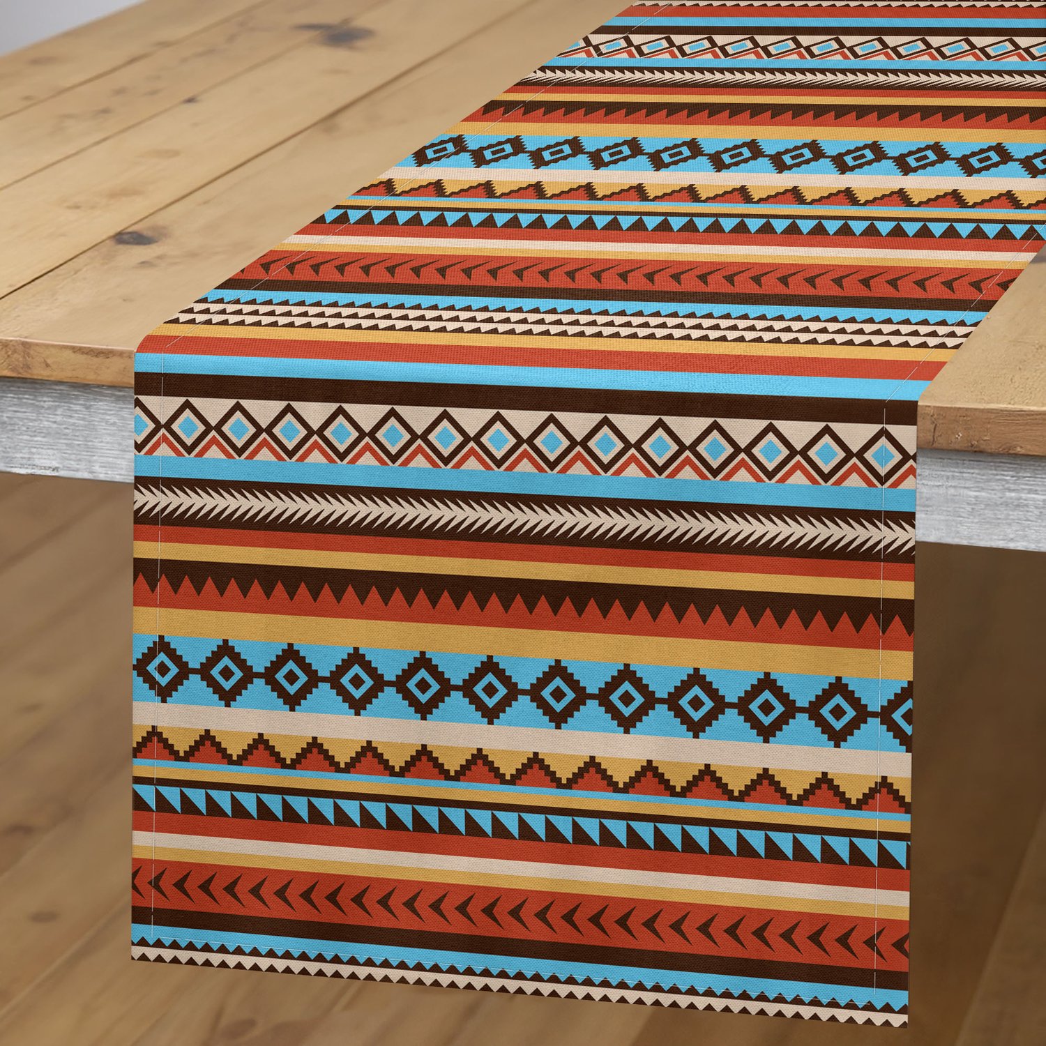 ABAKUHAUS Tribale Tafelloper, Patroon met Chevrons Pijlpunten Rechthoeken Motieven Ontwerp, Rechthoekige Tafelloper voor Eetkamer en Keuken, 40 x 180 cm, Cacaobruin Lichtblauw