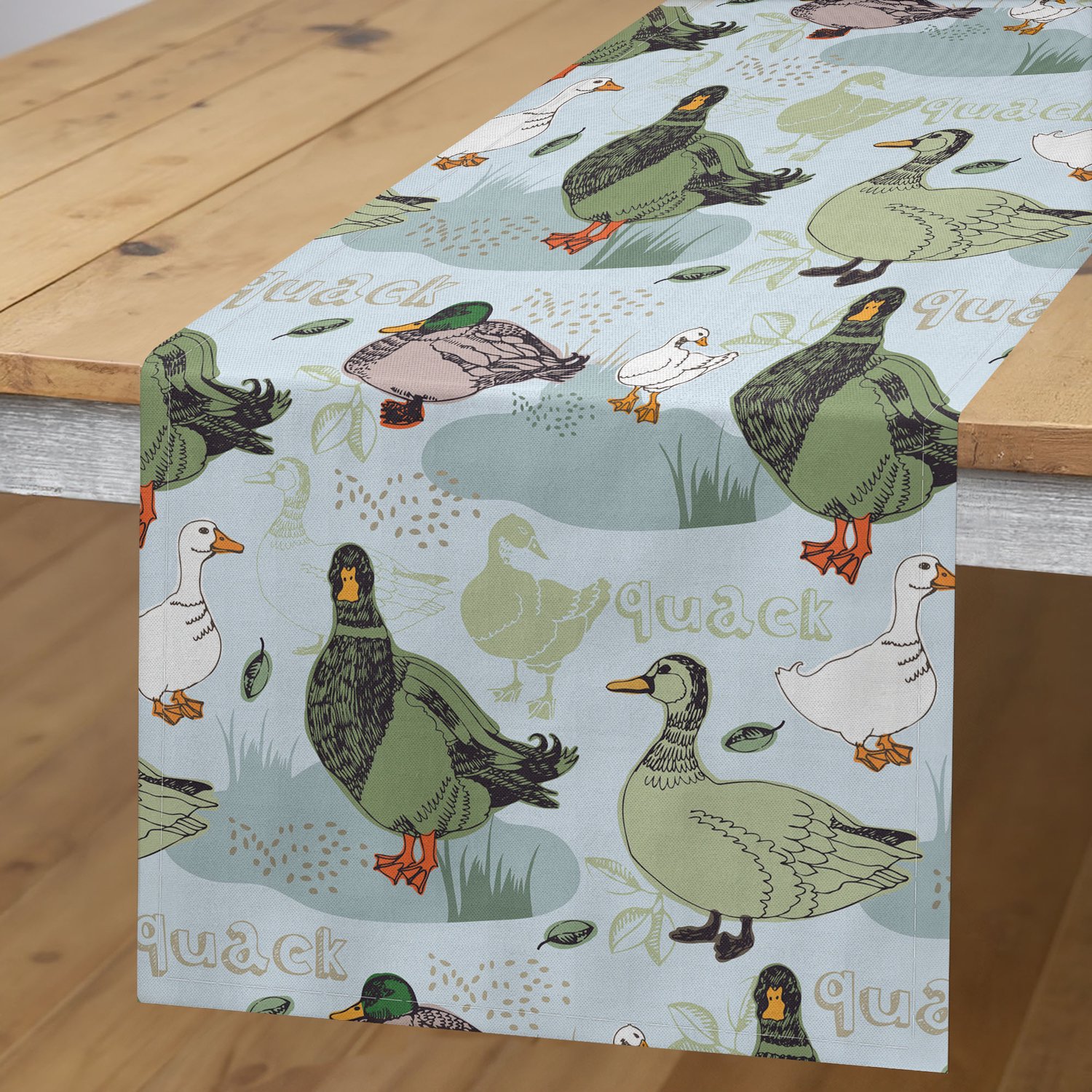 ABAKUHAUS Ganzen Tafelloper, Eenden en Pluimvee op de Boerderij met Groen Bladeren Ets Illustratie Ontwerp, Rechthoekige Tafelloper voor Eetkamer en Keuken, 40 x 180 cm, Blauw Olijfgroen