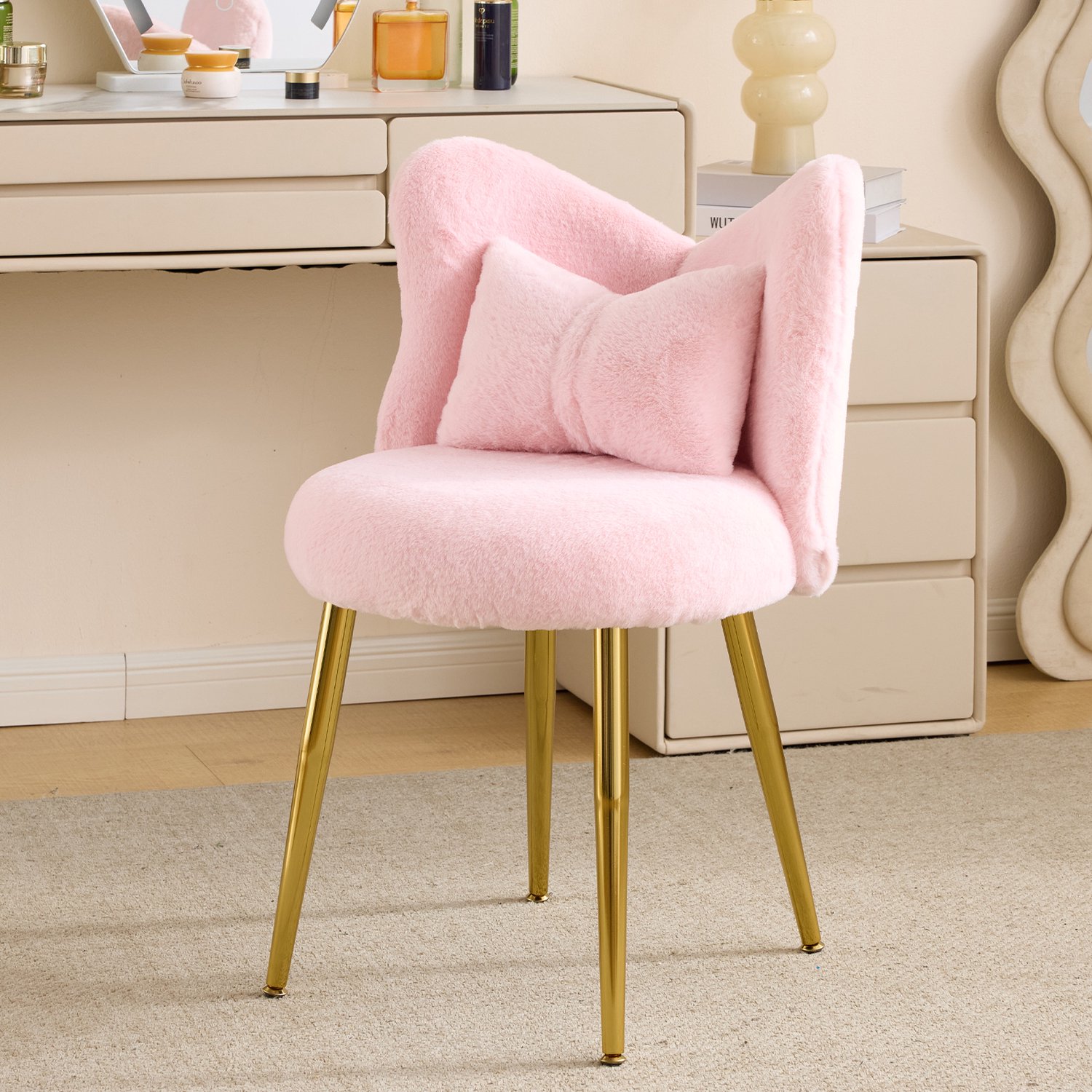 Fauteuil - Make-upstoel - Kaptafelkruk Kapstoel – Keukenstoel –Strikrug ontwerp-Roze