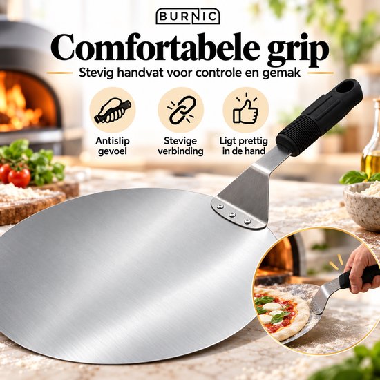 Ronde RVS pizzaschep van Burnic met comfortabele, zwarte geribbelde antisliphandgreep.