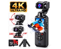 Pocket Camera 4K Ultra HD - Action Camera met 330° Draaibare Lens - Vlogcamera met mini-statief- 64MP 18x Digitale Zoom- Gezichtstracking - WiFi - Touchscreen - 128GB SD-Kaart