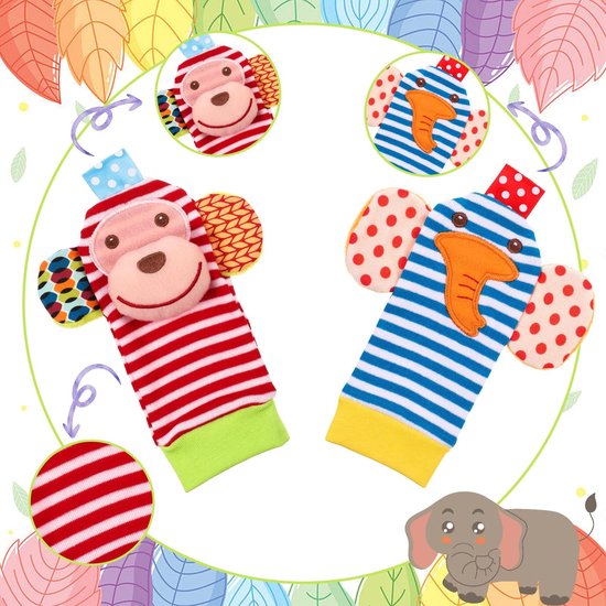 Babyspeelgoed 3-6 maanden – Set van polsrammelaars en sokjes met voetzoekers – Zacht pluche knisperspeeltje – Stimuleert grijpen en schoppen – Sensorisch speelgoed voor baby's van 0 tot 12 maanden – Kraamcadeau voor jongens en meisjes — afbeelding 4