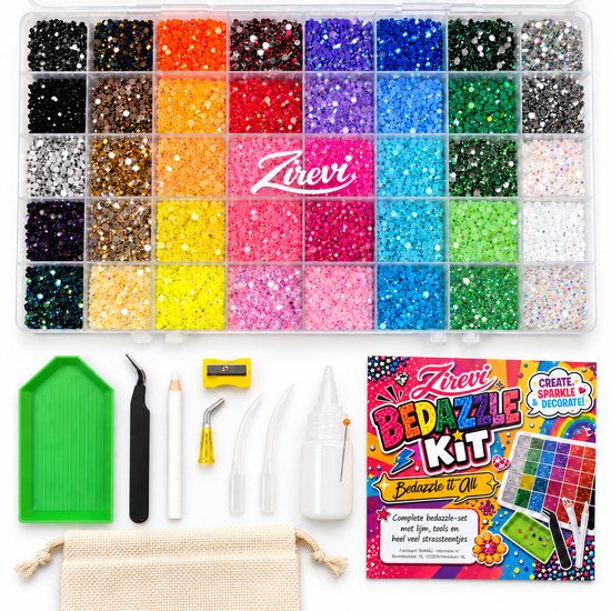 Zirevi Bedazzle Kit met 40 vakken strass-steentjes in regenboogkleuren, lijm, pincet, bakje en instructiekaart.