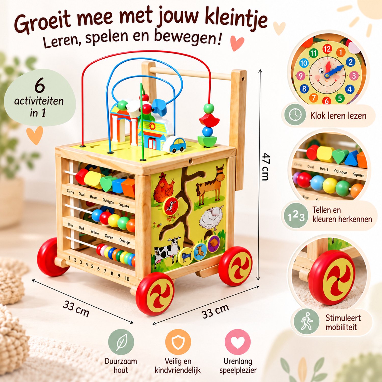 Rijoka Loopwagen Kubus Hout - Baby walker voor 1 jaar - Educatieve looptrainer - Multicolor – foto 4