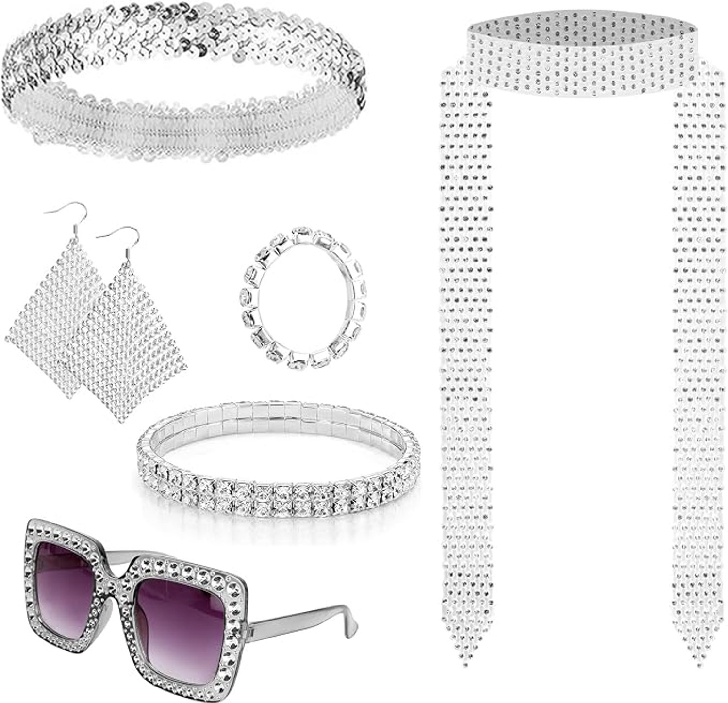 Disco accessoires voor feest - Jaren zeventig verkleedset dames - Glitter sieraden voor carnaval - Retro outfit met zonnebril - Sjaal hoofdband oorbellen armband - Inclusief ring voor themaavond - Zilver - Set van 6 accessoires