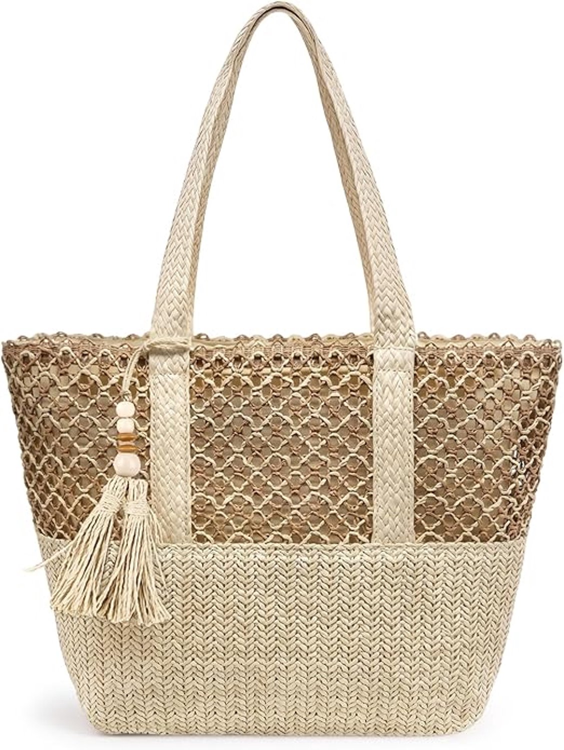 Strandtas voor dames - Grote gevlochten schoudertas - Handtas voor strandspullen - Geweven tas met ritssluiting - Dames met binnen vakken - Beige - 37 x 10 x 32 cm