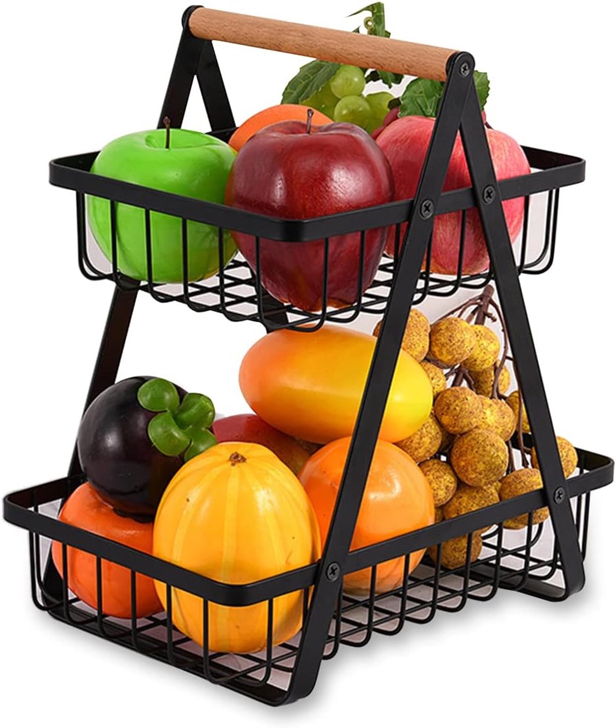 Fruitmand met twee verdiepingen - Fruitschaal voor keukenblad - Metalen etagère voor groente - Opbergrek voor brood snacks - Afneembare manden met frame - Met handvat en poedercoating - Zwart - Twee etages - 27 x 19 x 29 cm