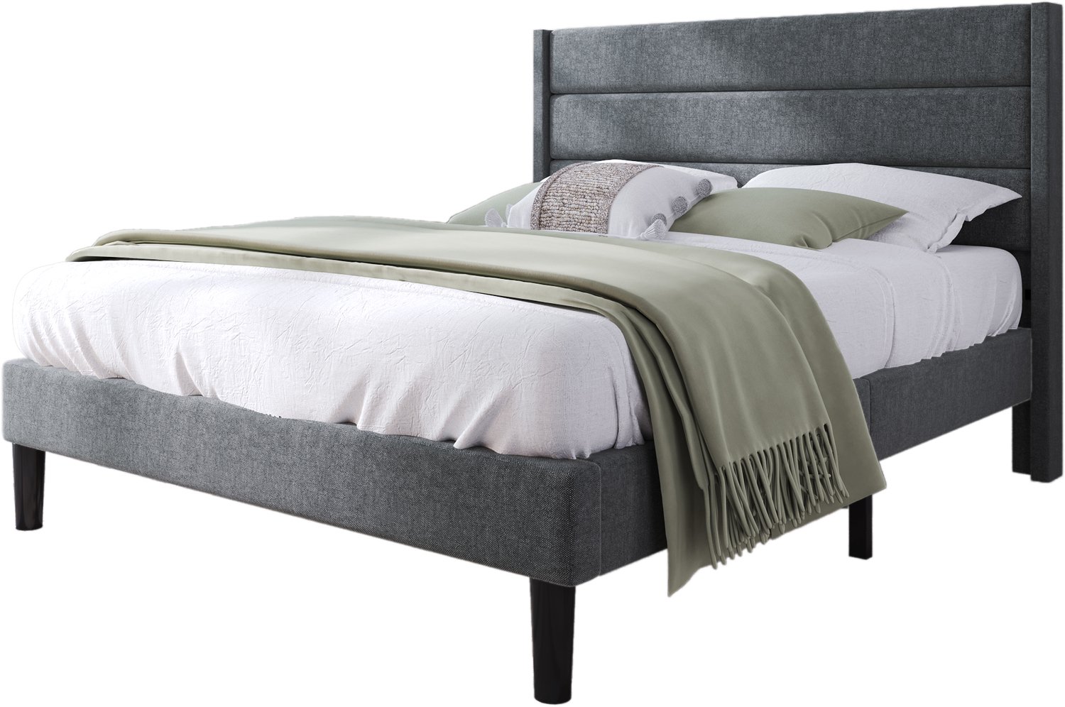 Gestoffeerd Bed 140x200 cm - Bedframe Met Houten Lattenbodem En Gepolsterd Hoofdbord - Linnen Bekleding - Donkergrijs