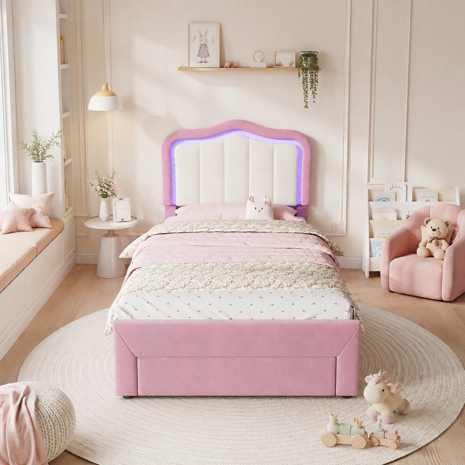 CHICFURN Gestoffeerd Kinderbed 90 x 200 cm - Lade - Appgestuurde LED - Roze