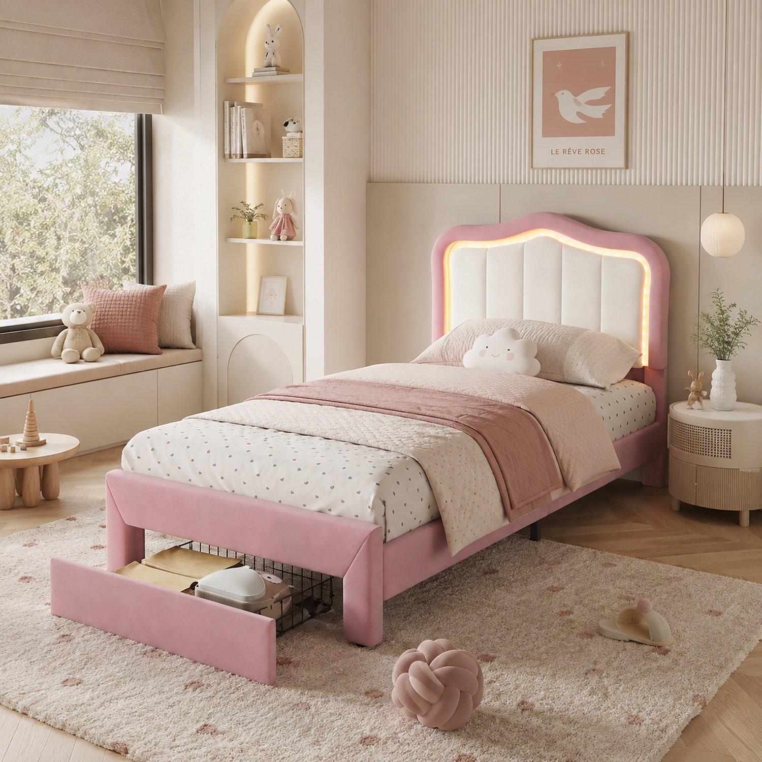 CHICFURN Gestoffeerd Kinderbed 90 x 200 cm - Lade - Appgestuurde LED - Roze