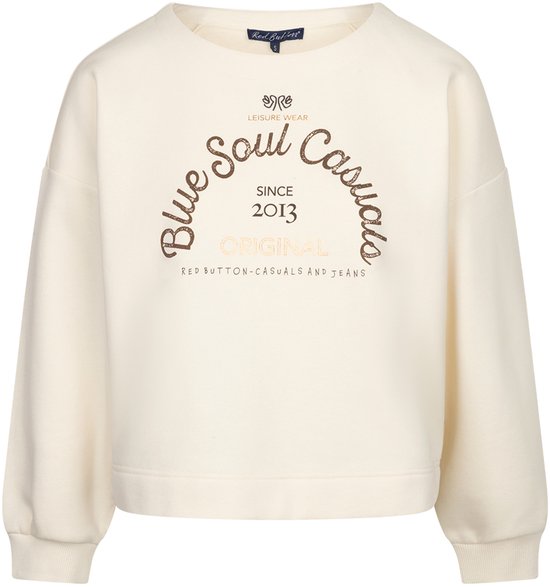 Crèmekleurige sweater met opdruk 'Blue Soul Casuals Since 2013 Original' in bruine letters.