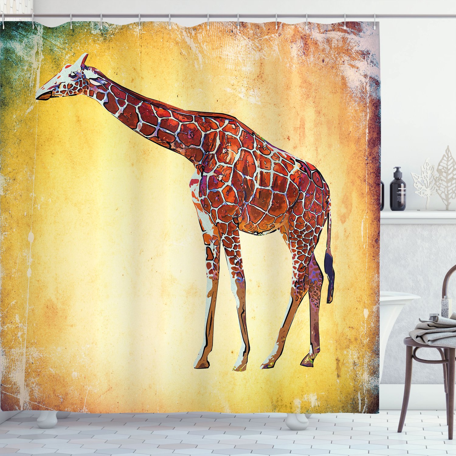 ABAKUHAUS Giraffe Douchegordijn, Vintage Aquarelillustratie van Dieren, Wildlife en Savanne, Stoffen Badkamerdecoratieset met Haken, 175 B x 200 L, Pastelgeel Meerkleurig
