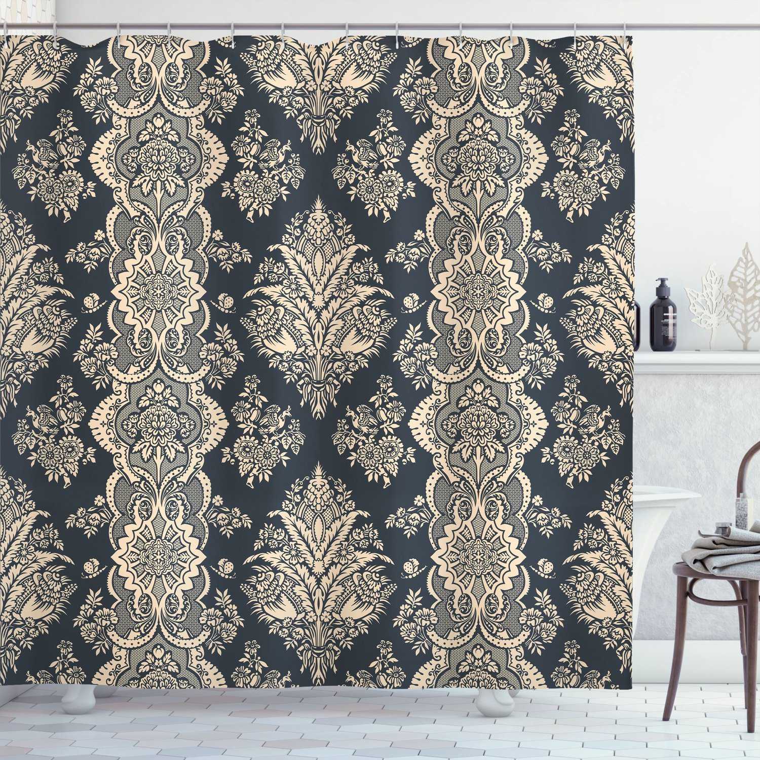 ABAKUHAUS Damast Douchegordijn, Victoriaans Barok, Stoffen Badkamerdecoratieset met Haken, 175 x 240 cm, Antracietgrijs Crème