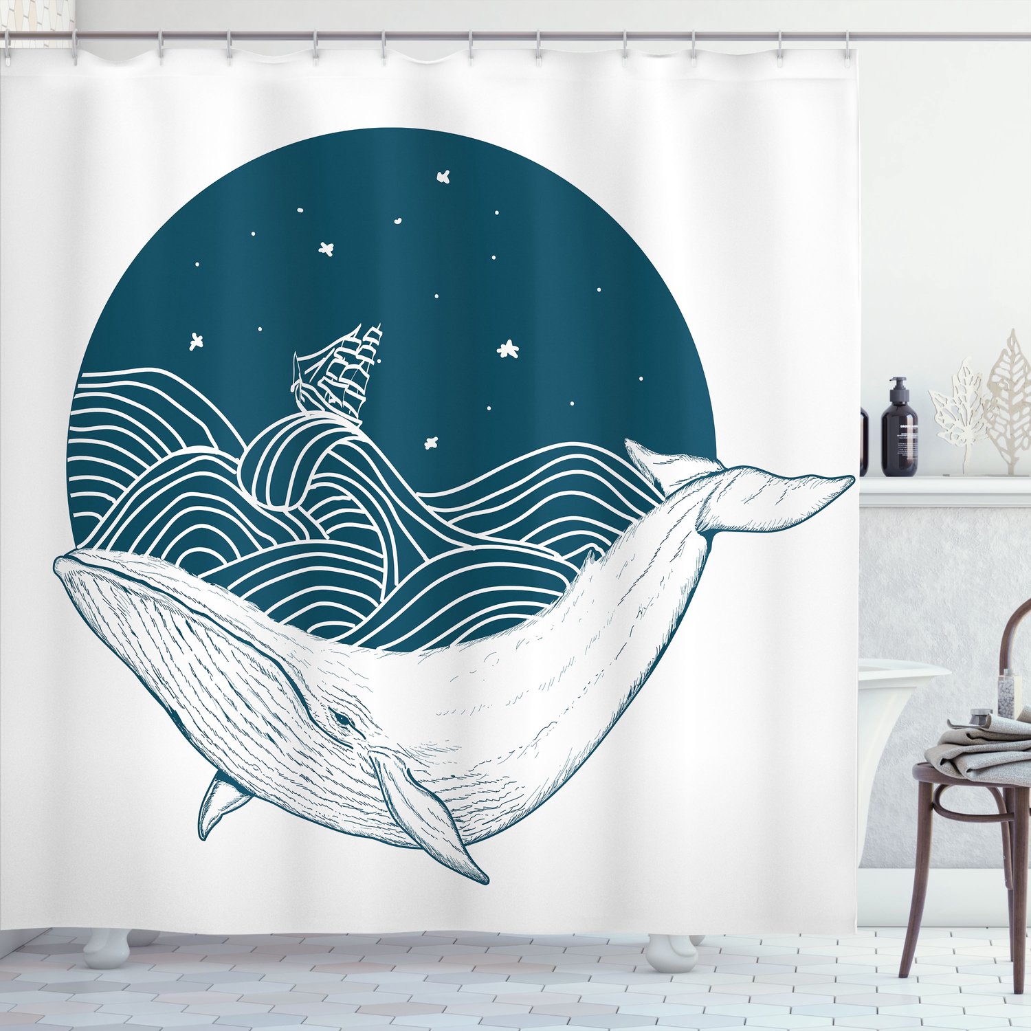 ABAKUHAUS Oceaan Douchegordijn, Whale and Stars Old Ship, Stoffen Badkamerdecoratieset met Haken, 175 x 240 cm, Teal Wit