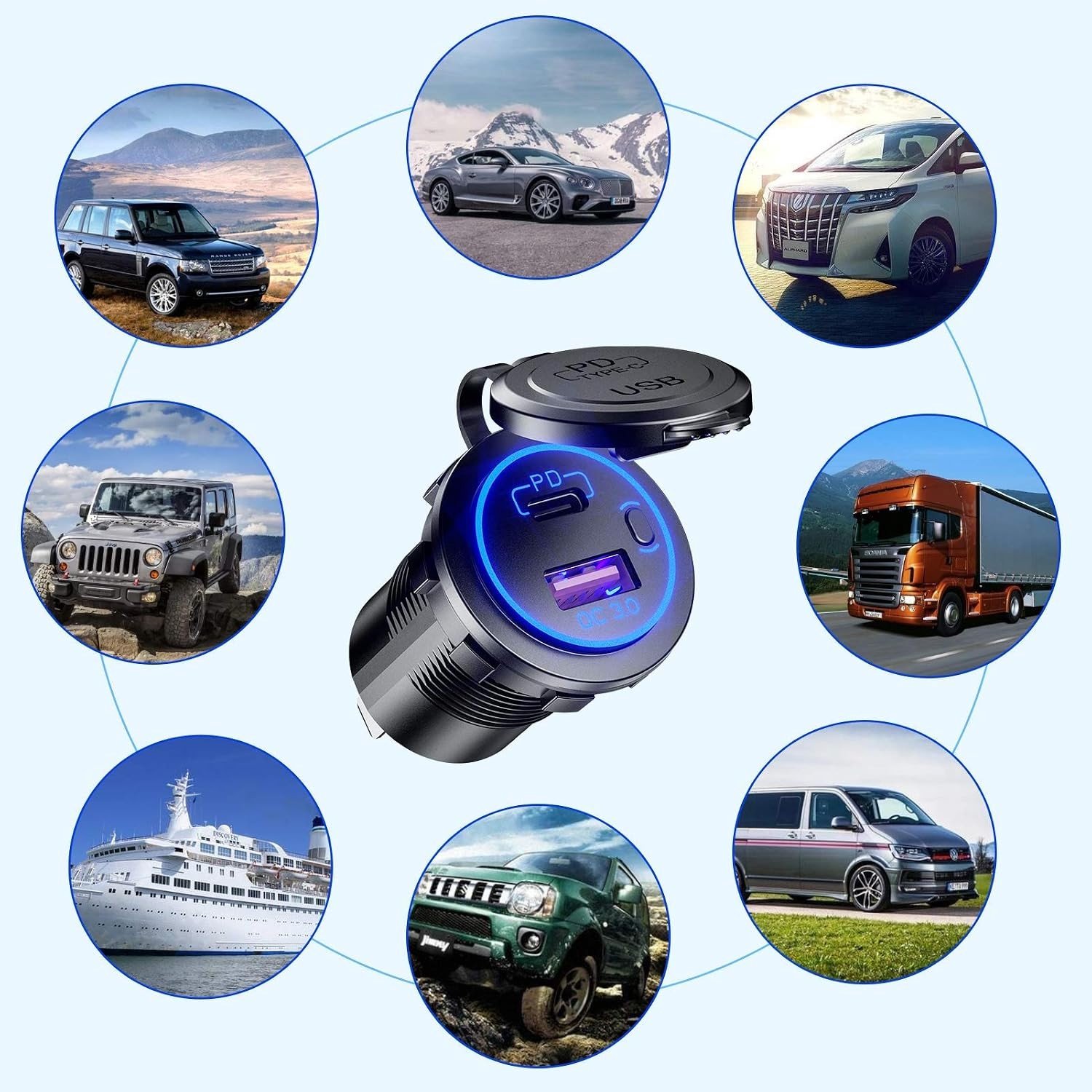 Oplaadbare Auto Lader met USB, QC3.0 en PD/Type-C, Waterdicht en LED Verlichting voor Snelladen – foto 5