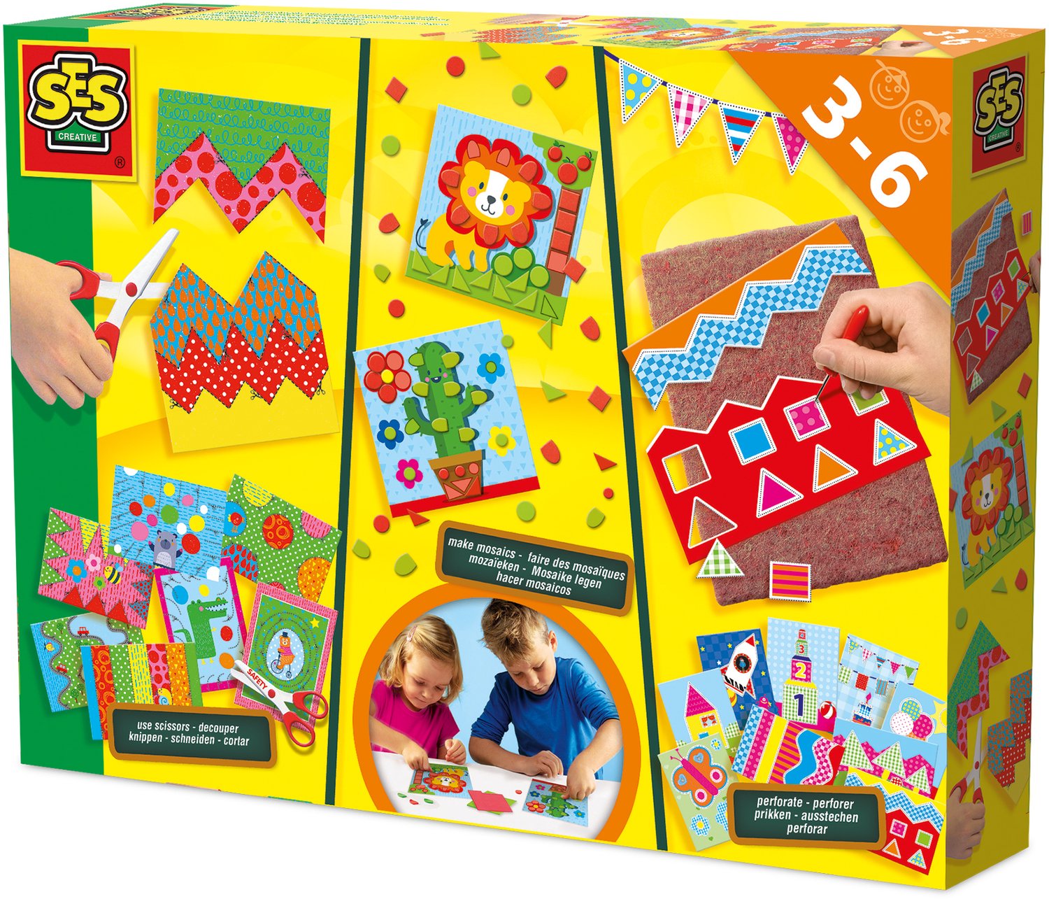 SES - Ik leer knippen, mozaïeken en prikken - 3-in-1 - knip set met veilige schaar, prik set en mozaïek set