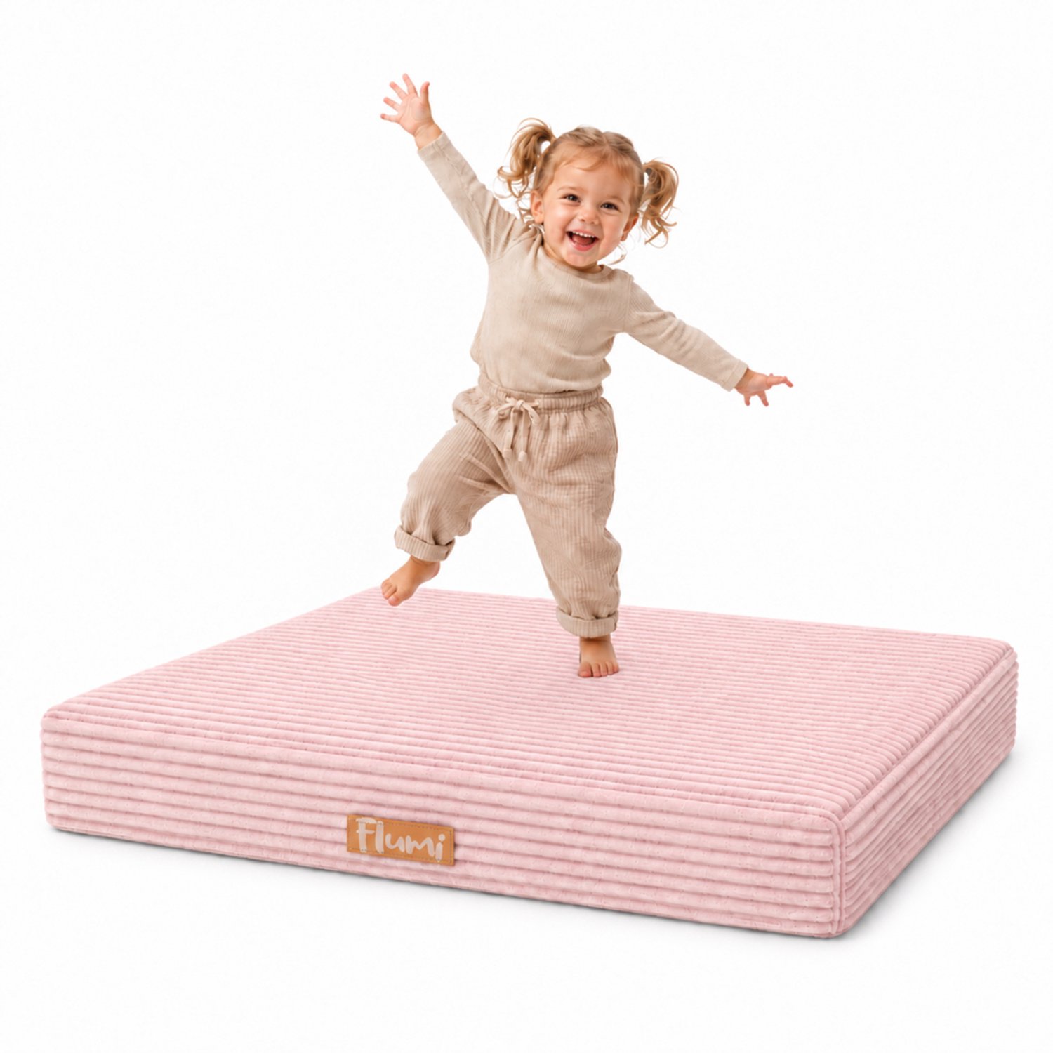 Flumi - Kinder Trampoline voor thuis - Zachte springmatras van ribfluweel - Roze - Afneembare hoes - 110 x 71 cm
