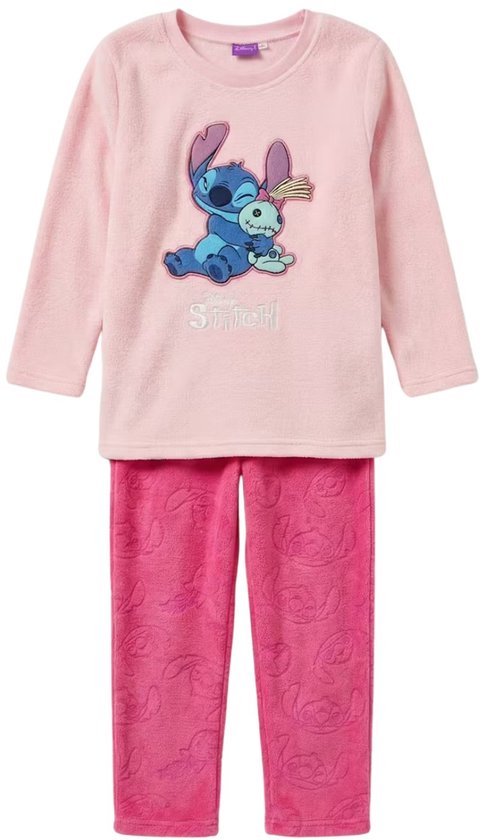 Roze fleece pyjamaset met Stitch-opdruk op het shirt en Stitch-reliëfpatroon op de broek.