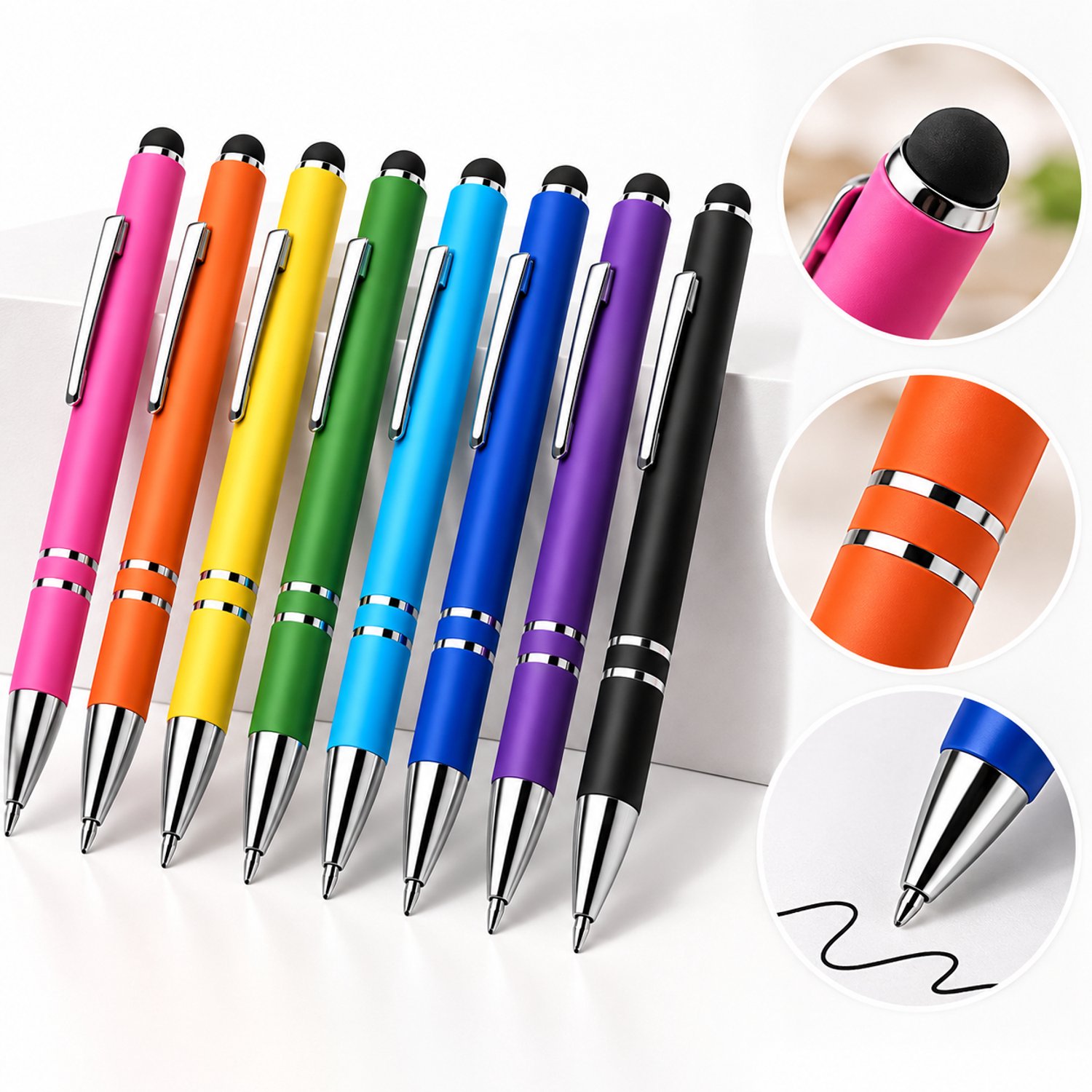 Tolvia Stylus Pen voor Touchscreen - 8 Stuks - 2-in-1 Balpen & Touch Pen - Metalen Balpennen met Styluspunt - Zwarte Inkt - voor Tablet, Smartphone & Touchscreen
