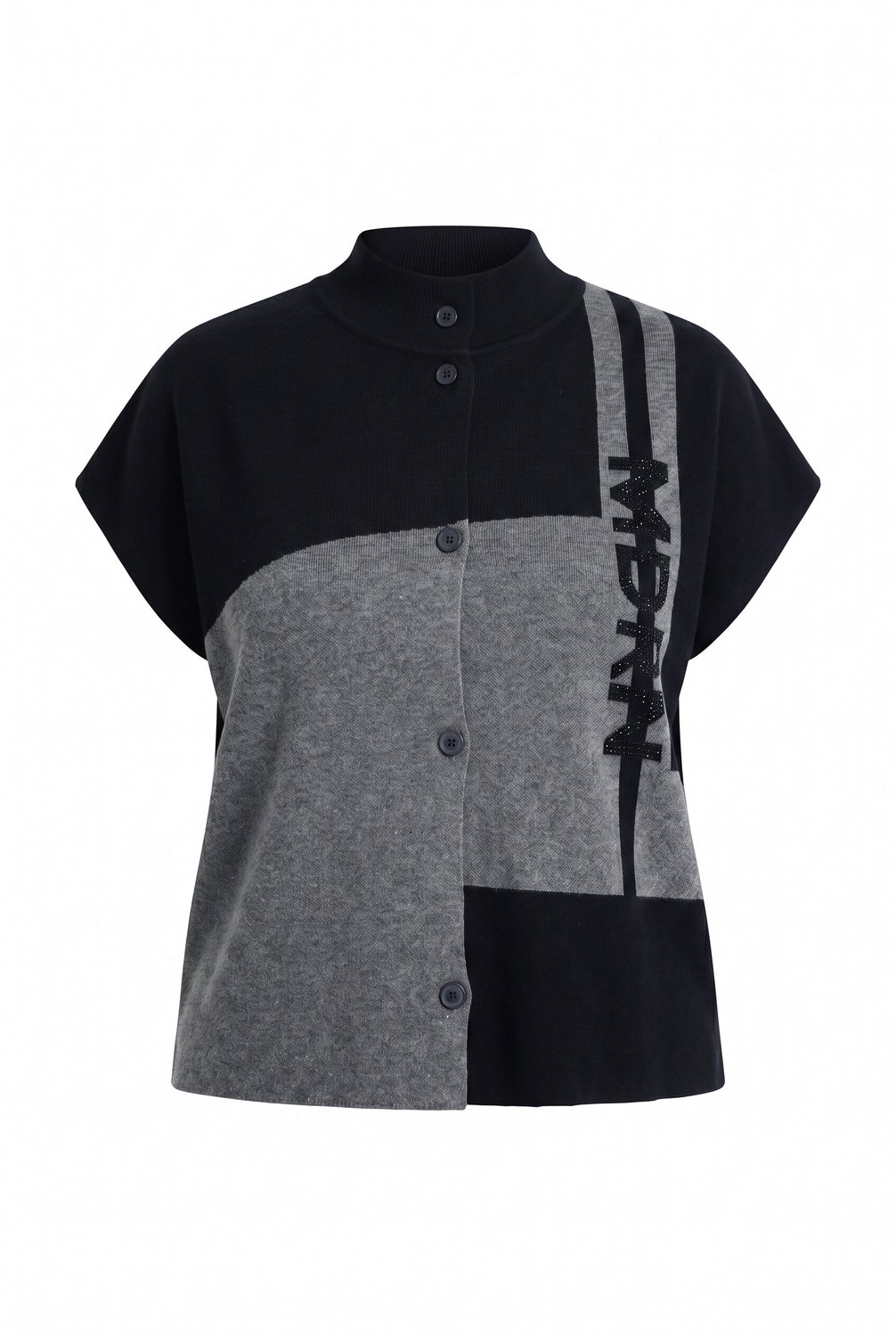 Ulla Popken - Dames - Vest colorblocking opstaande kraag korte mouwen - Antraciet melange - Maat 58+