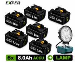 EXPER 18V Accu geschikt voor Makita - 6 Stuks -Extra Groot 8.0Ah - 18V 8.0Ah Batterij - Vervangende Accu - 8000mAh - LED display - Li-ion Accu - Accuboormachine - 18V BL1830B BL1860B BL1840B BL1815 LXT-400 BL1850B + 18V Accu Led Bouwlamp